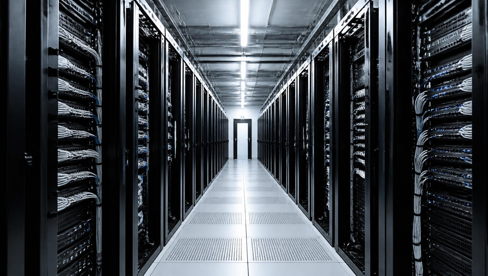 Corridor between rows of black server racks with structured cabling in a cold, brightly lit data centre