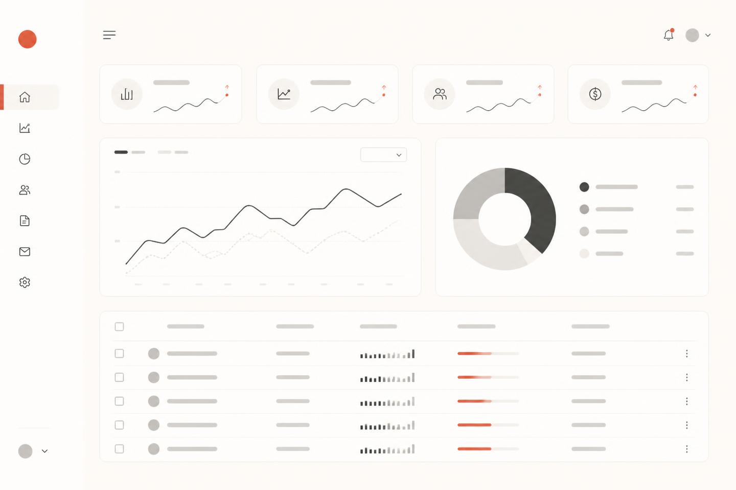 Monochrome analytics interface mockup with line chart, distribution ring, and a data table